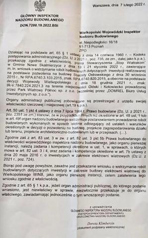 Główna Inspektor Nadzoru Budowlanego wskazuje Wojewódzkiej Inspektor z Poznania przepis nakazujący   wstrzymanie budowy wiatraków w gminie Nowe Skalmierzyce! Czy ważniejsze dla niej będzie polskie prawo czy interes izraelskiego milionera?
